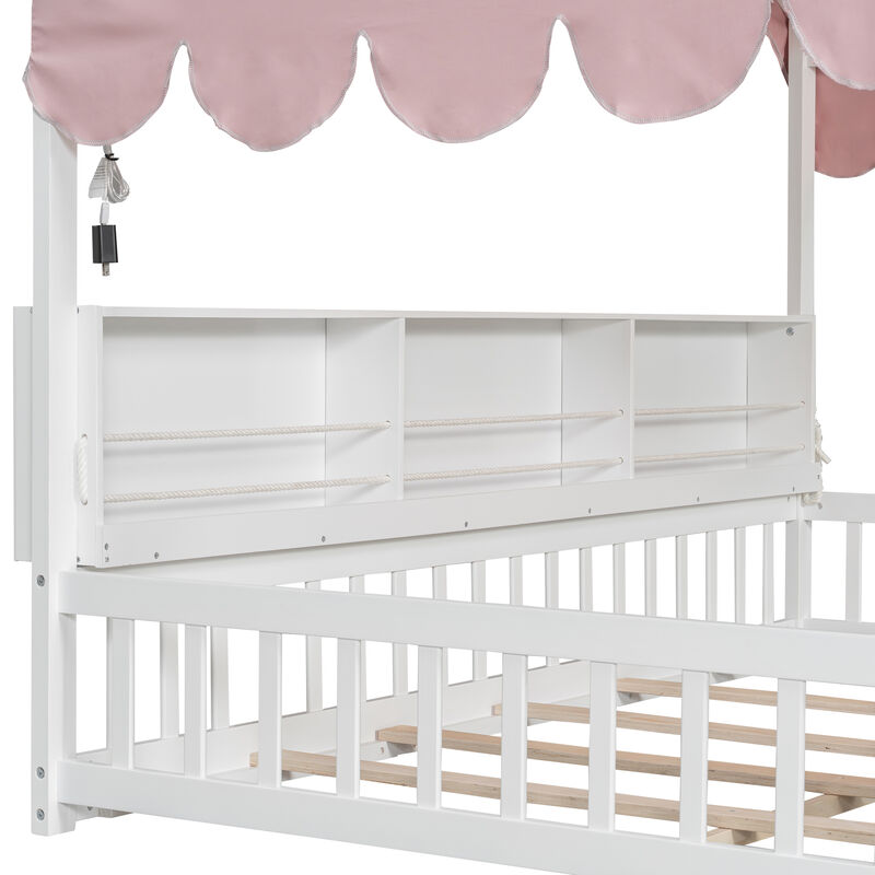 Merax Full Size Wooden Floor Bed,House-Shaped Daybed with Fense,3 Storage Bookshelves,Curtain and LED Light image number 5