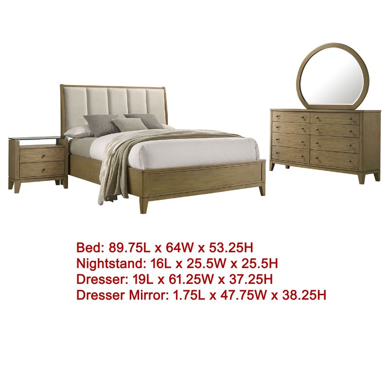 Heon 4pc Queen Bedroom Set, Beige Tufted Headboard, Natural Brown