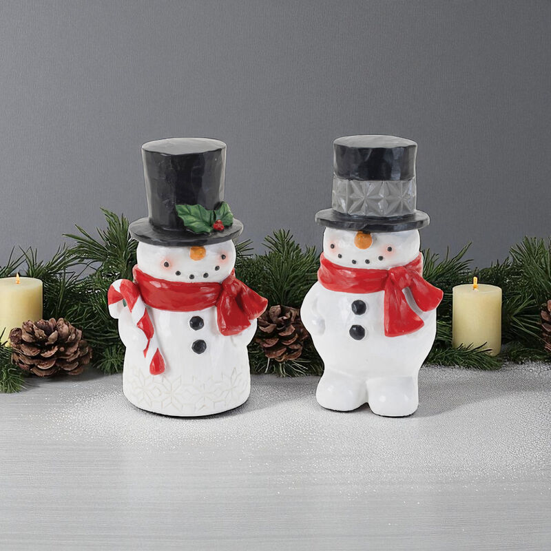 Winter Snowman Decorations (2-Piece Set) – Christmas Figurines for Tabletop, Mantel, or Holiday Vignette Styling