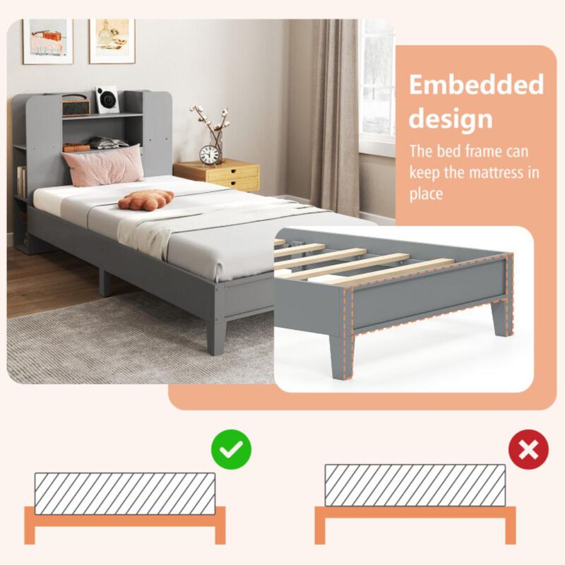 Hivvago Twin Size Wooden Platform Bed Frame with Bookcase Headboard