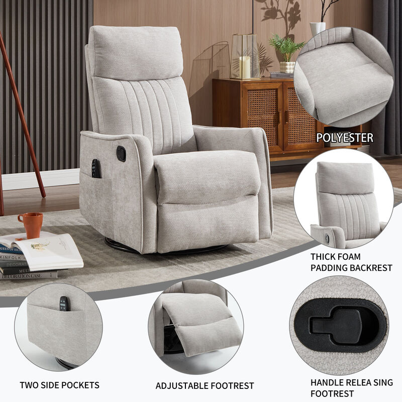 360&deg; Swivel Rocker Manual Recliner Chair with Heat and Massage, Upholstered Chenille Reclining Chair for Living Room image number 3
