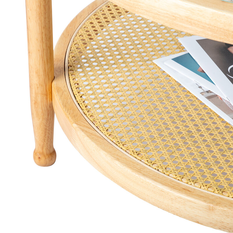 Rattan Coffee Table with Glass Top, Round Side Table for Living Room or Patio