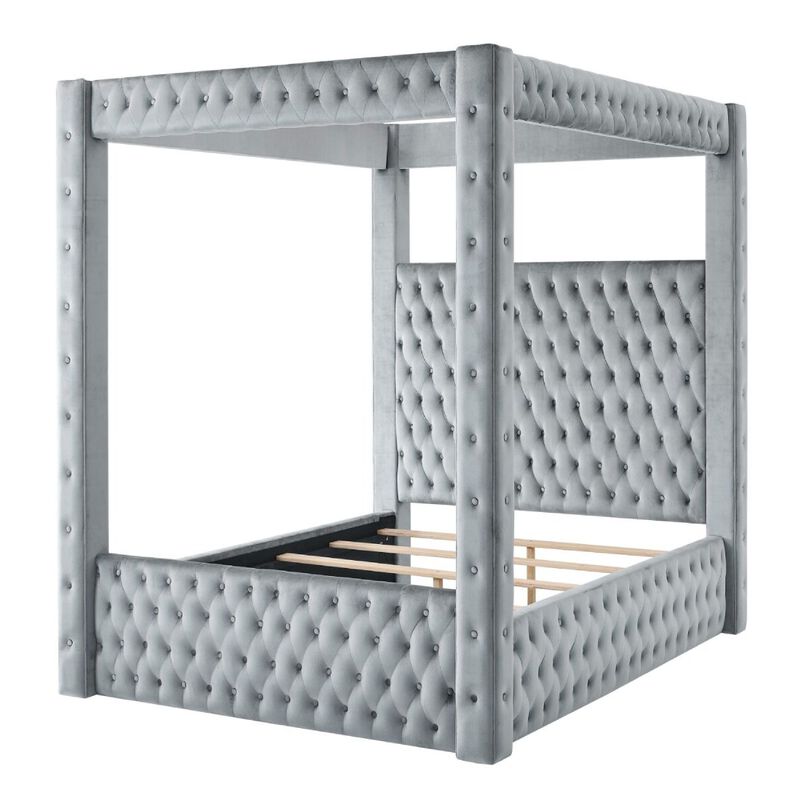 Beli Queen Size Canopy Bed, Tufted Design, Gray Velvet Upholstery