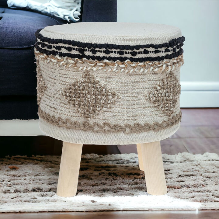 Hivvago 16 Inch Beige Jute And Brown Round Abstract Ottoman