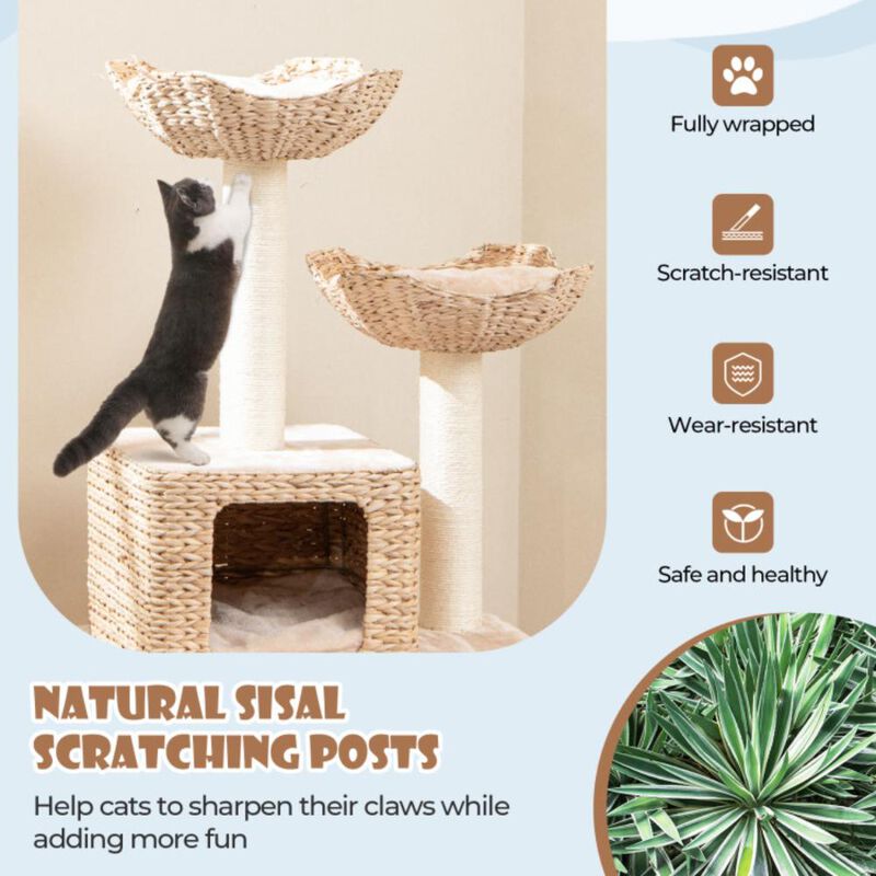Hivvago 48 Inch Cattail Cat Tower with Sisal Scratching Posts Perch and Condo