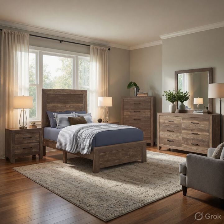 King Size Bedroom Set, Brown Finish, Panel Design, 5-Piece Set with Bed, 2 Nightstands, Dresser and Chest