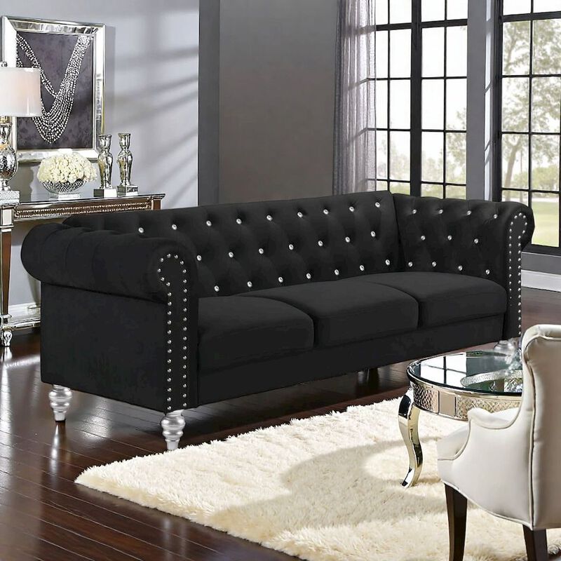 Black Velvet Sofa with Rolled Arms &ndash; Elegant Velvet Couch for Living Room image number 2
