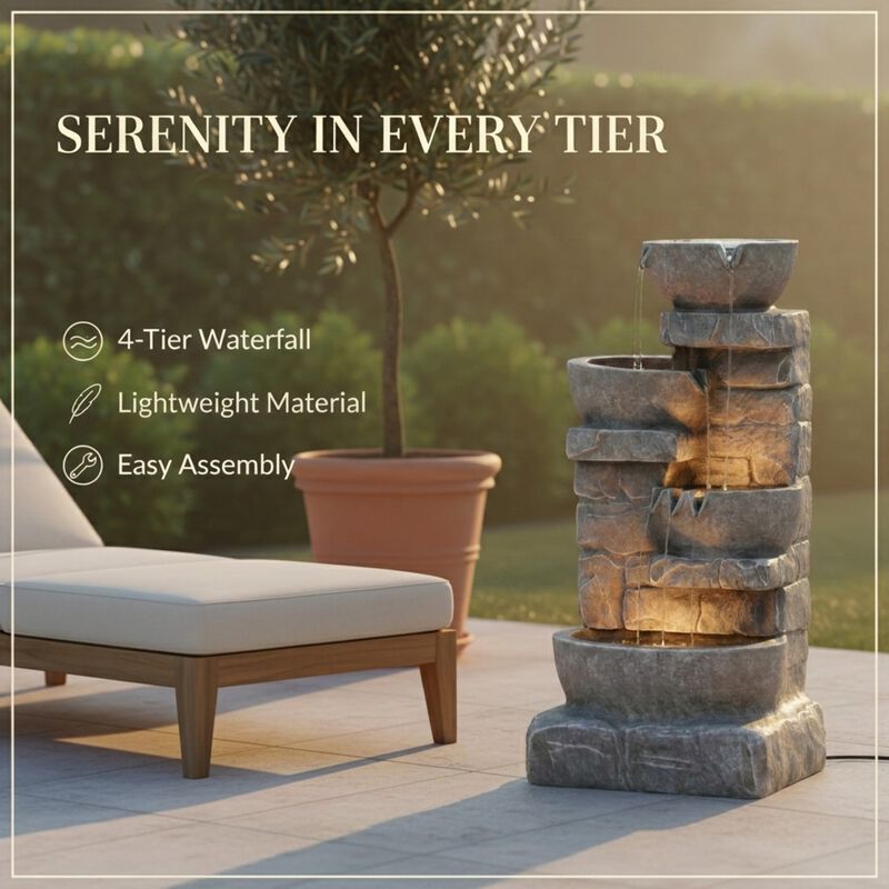 Cascading Bowls & Stacked Stones LED Outdoor Water Fountain image number 2