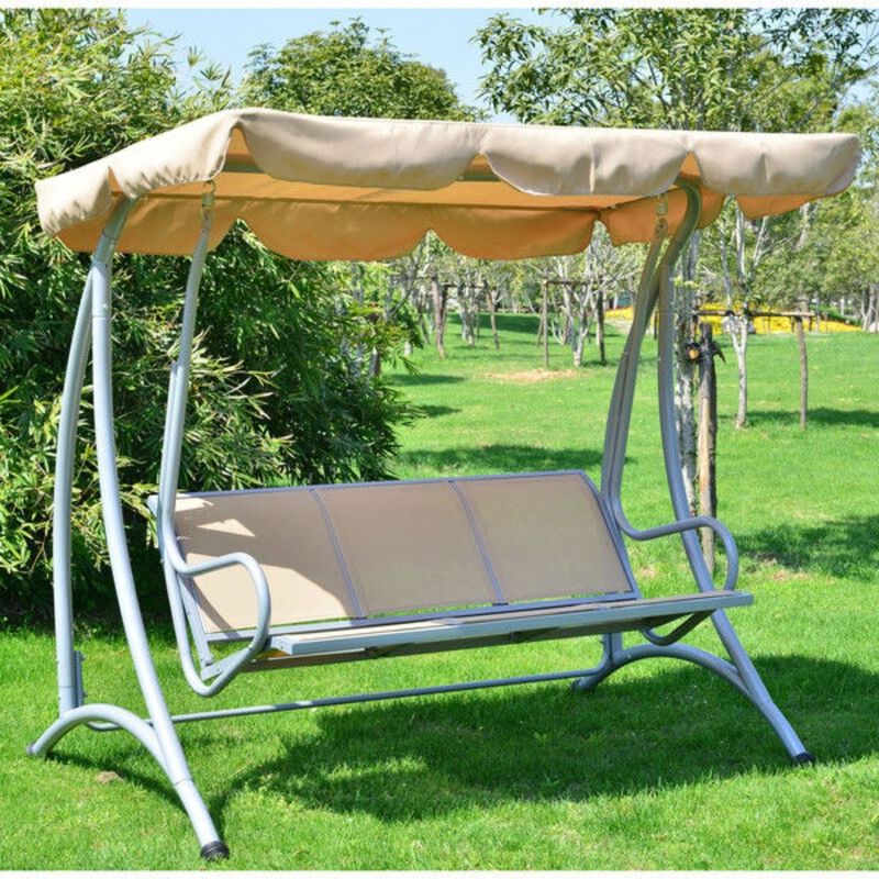 QuikFurn Sturdy 3-Person Outdoor Patio Porch Canopy Swing in Sand Color