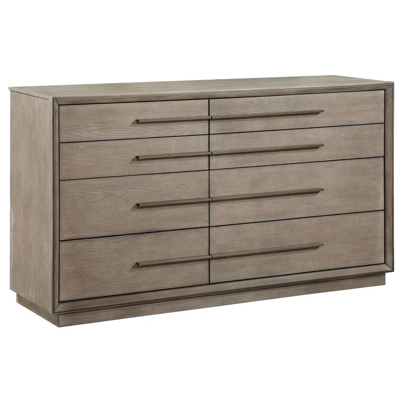 Lyni Wide Dresser, 8 Storage Drawers, Open Shelf, Washed Oak Brown - Benzara