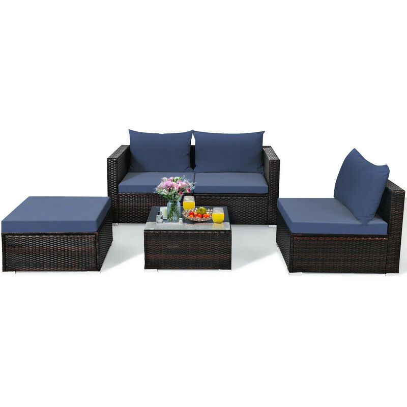 Mondawe 5 Pieces Patio Rattan Sectional Furniture Set with Cushions and Coffee Table