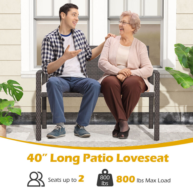 Wicker 2-Seat Bench with Soft Seat Cushion and Metal Frame