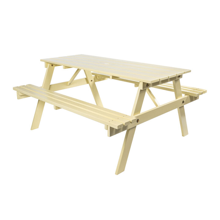 Shoreham 59" Modern Classic Outdoor Wood Picnic Table Benches with Umbrella Hole, Almond