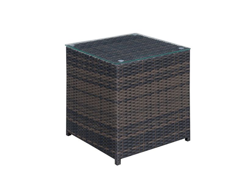 Square Faux Rattan and Aluminum End Table with Glass Top, Brown-Benzara image number 1