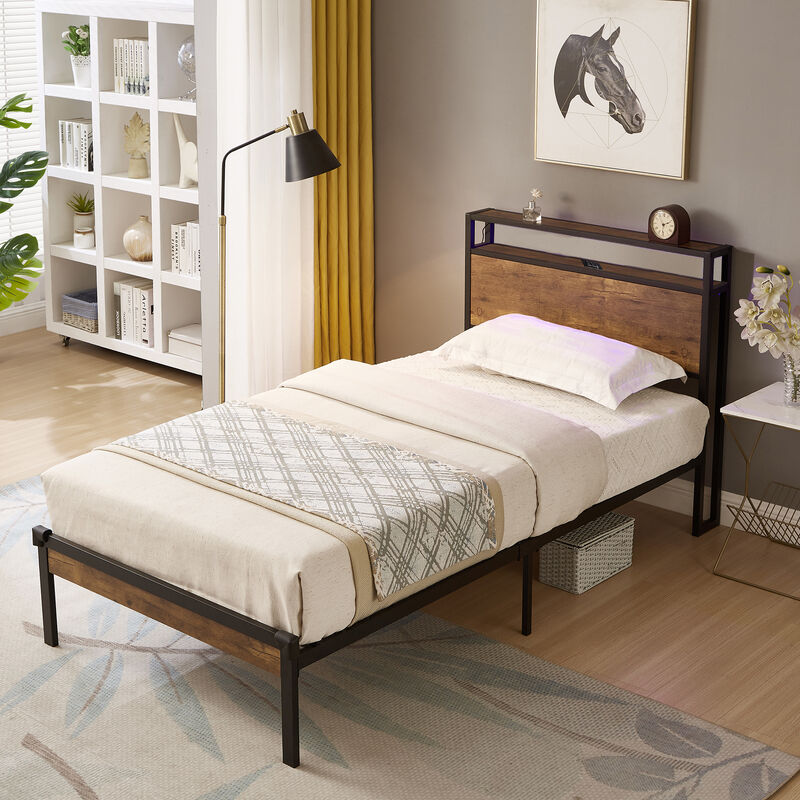 Modern Metal Bed Frame with Wood Accents