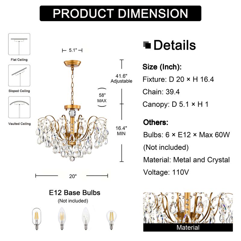 Evelyn 20 Inches 6 Lights Glam Crystal Chandelier - Medium‑gloss Brushed Brass Finish image number 2