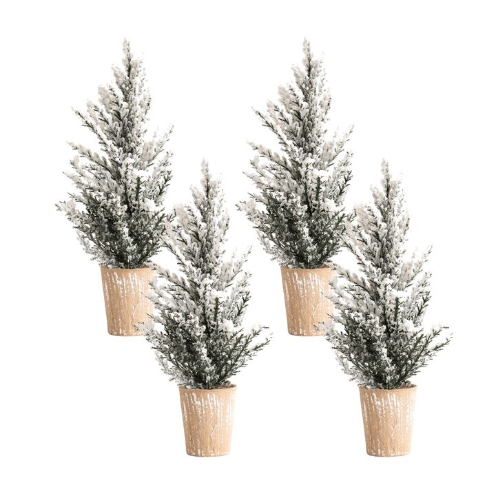 Set of 4 Flocked Holiday Pine Trees with Plastic Pots for Festive Home D&eacute;cor
