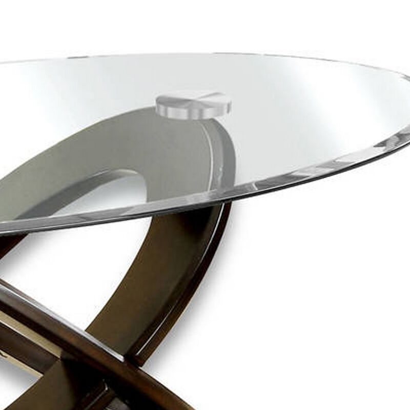 Oval Glass Top Coffee Table with Cross Oval Base, Brown and Clear-Benzara