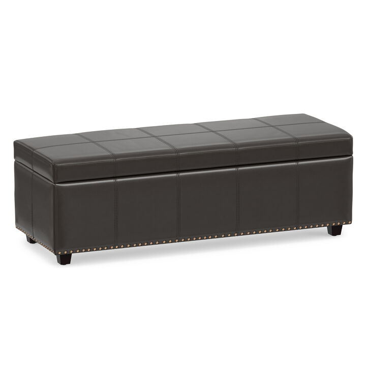 Kingsley 48 inch Wide Transitional Rectangle Large Storage Ottoman in Coffee Brown Vegan Faux Leather, Assembled