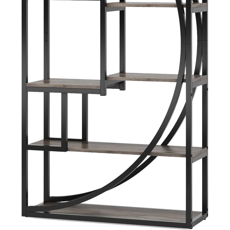 Modern Bookcase, 5 Tier Geometric Display Shelves, 71 Inch Black Metal - Benzara