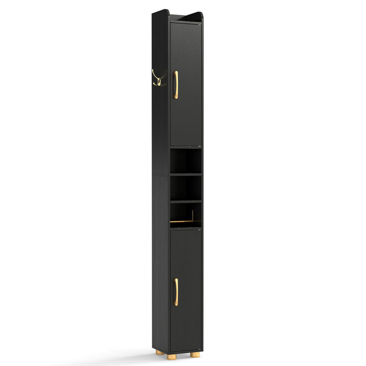 Freestanding Narrow Bathroom Cabinet with Open Shelves and Toilet Paper Holder