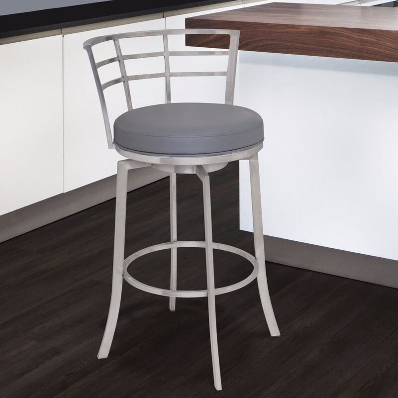 Curved Metal Back Counter Height Barstool with Flared Legs,Silver and Gray-Benzara