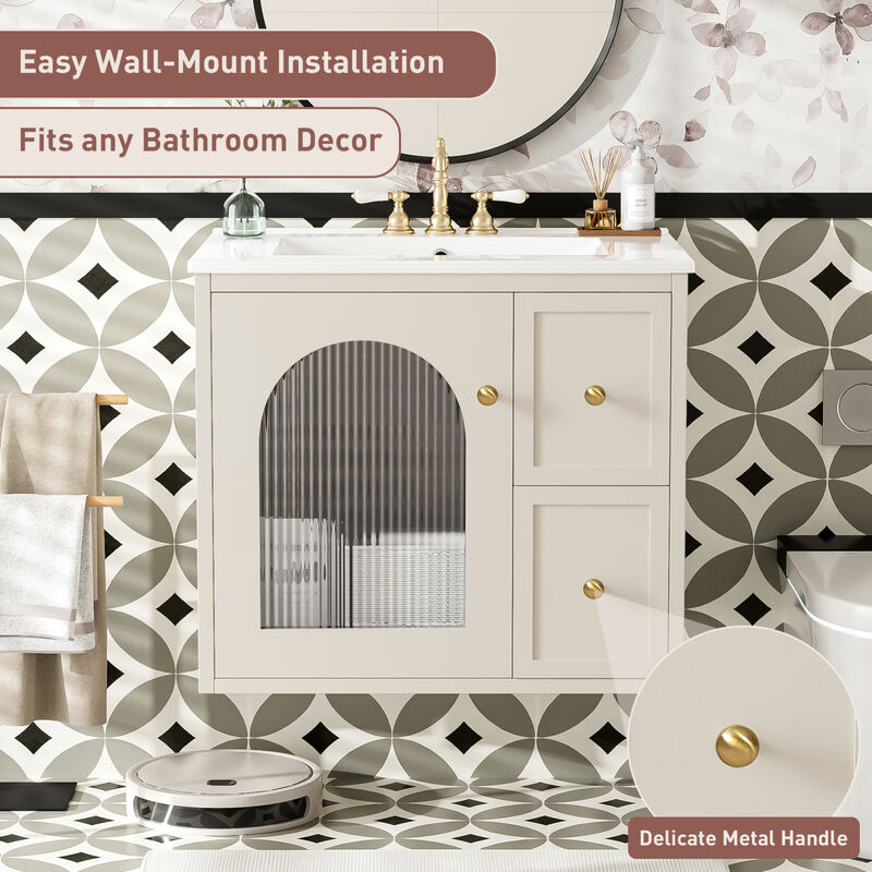 ELEMENT ACE Compact Wall Mounted Bathroom Vanity Set with Ceramic Sink and Storage Cabinet image number 7
