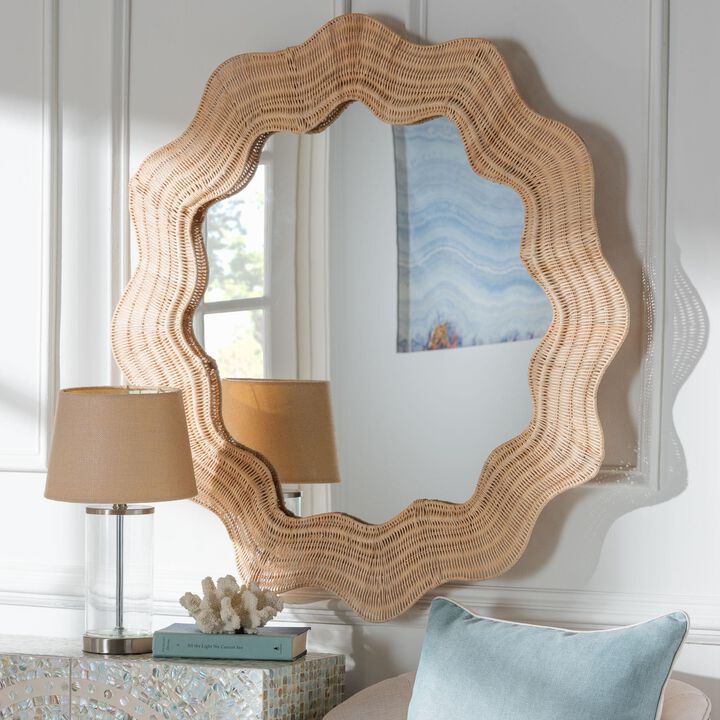 bali & pari Hasana Coastal Scalloped Natural Rattan Round Accent Wall Mirror