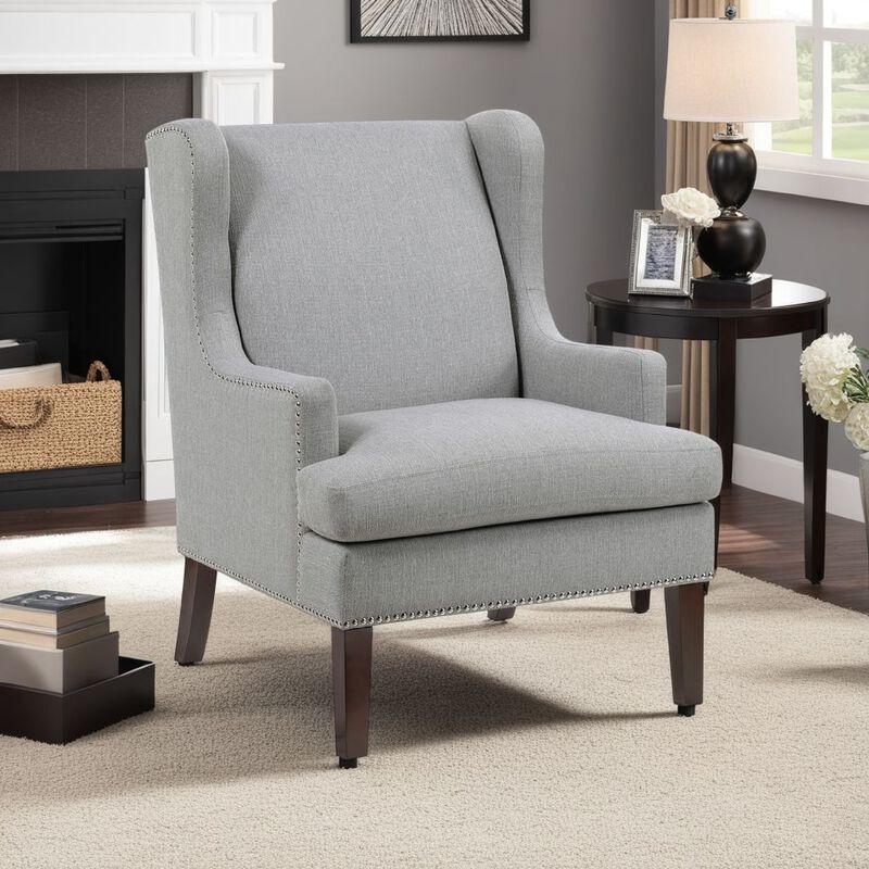 Rossana Accent Wing Armchair, Gray Polyester, Brown Wood, Nailhead
