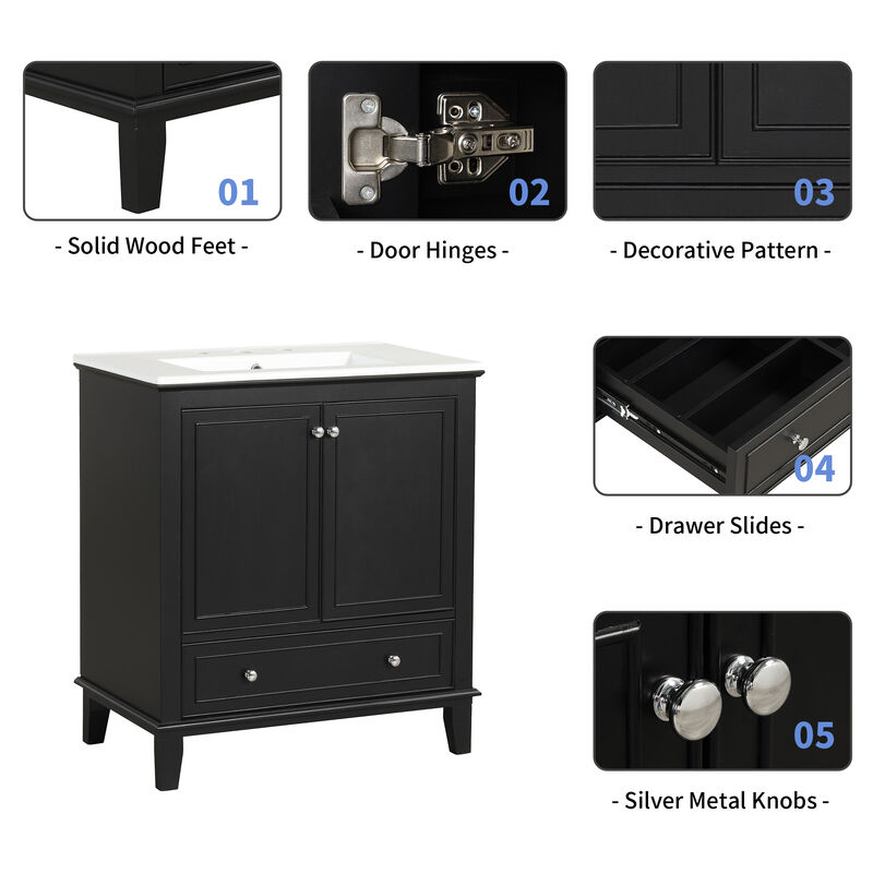 Whisen 30" Bathroom Storage Cabinet Bathroom Vanity with Ceramic Sink and Adjustable Shelf
