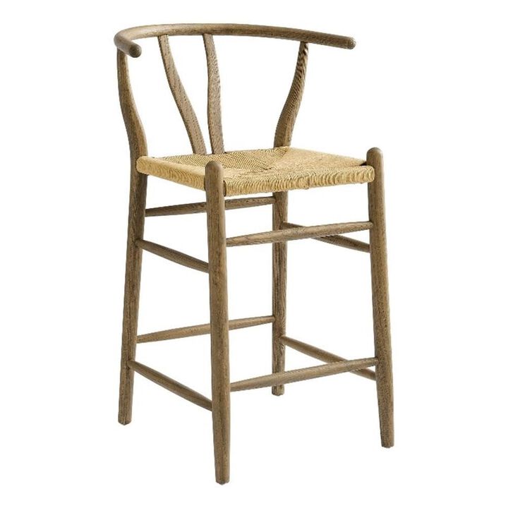 Modway Amish Wood Rope Counter Height Stool in Weathered Gray Teak - 25 Inch Seat Height Mid Century Modern Retro Stool - Solid Elm Wood Kitchen Island Stool with Woven Seat and Open Back
