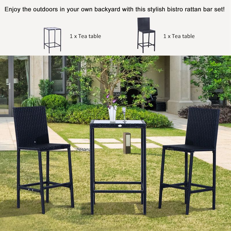 Alfresco Bar Ensemble: 3-Piece Black Wicker Counter Set with Glass Top