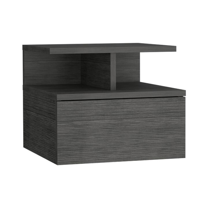 Floating Nightstand 12"H, Wall Mounted with Single Drawer and 2-Tier Shelf, Concrete Gray