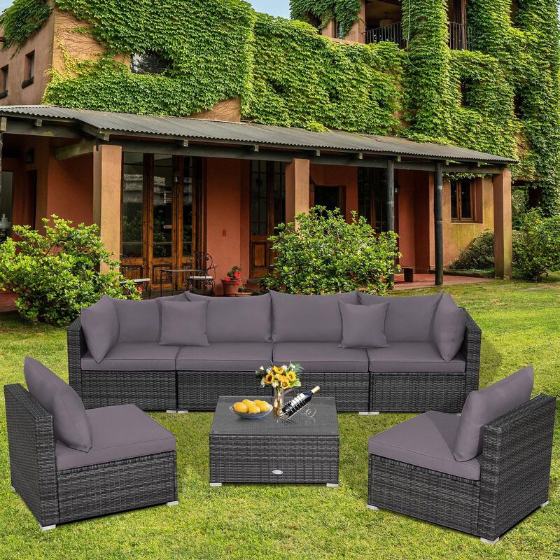 Mondawe 7 Pieces Patio Rattan Furniture Set with Sectional Sofa Cushioned