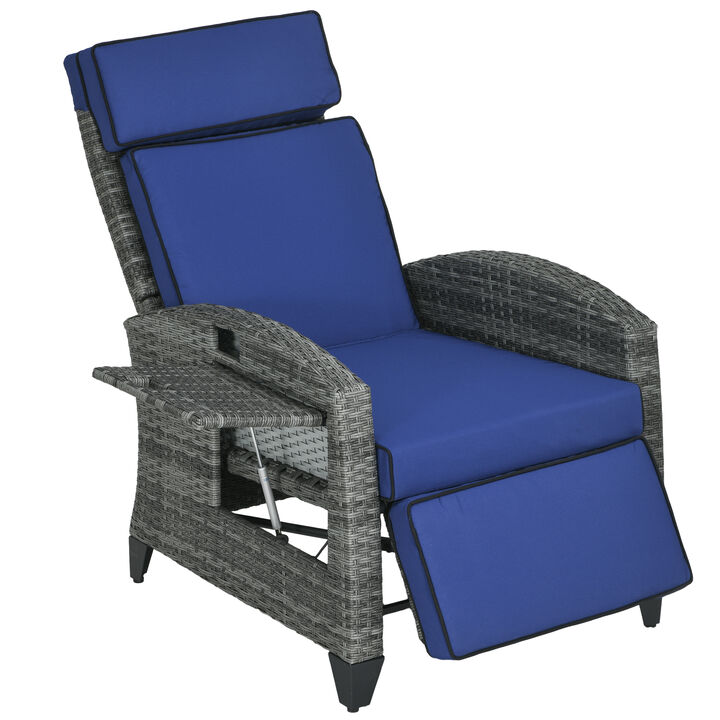 Outsunny Outdoor Recliner Chair with Cushions, PE Wicker Reclining Patio Lounge Chair with Adjustable Footrest, Armrests, Side Tray Table for Balcony, Porch, Dark Blue