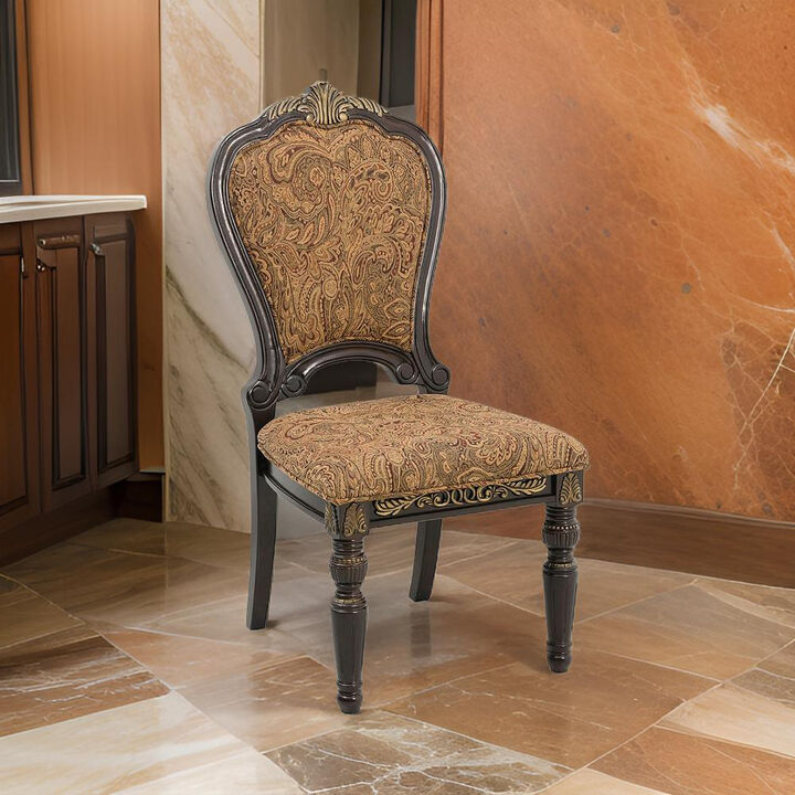 Wooden Tuscan Style Side Chair With Fabric Upholstery, Set of 2, Cherry Brown