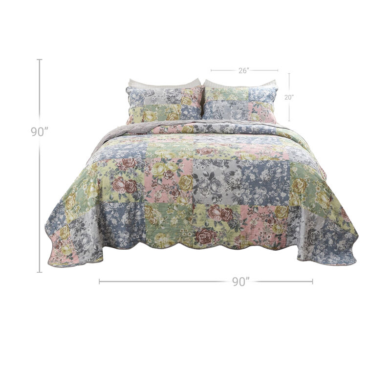 Eni 3 Piece Queen Cotton Quilt Set, Vibrant Pastel Blue Flowers, Scalloped - Benzara