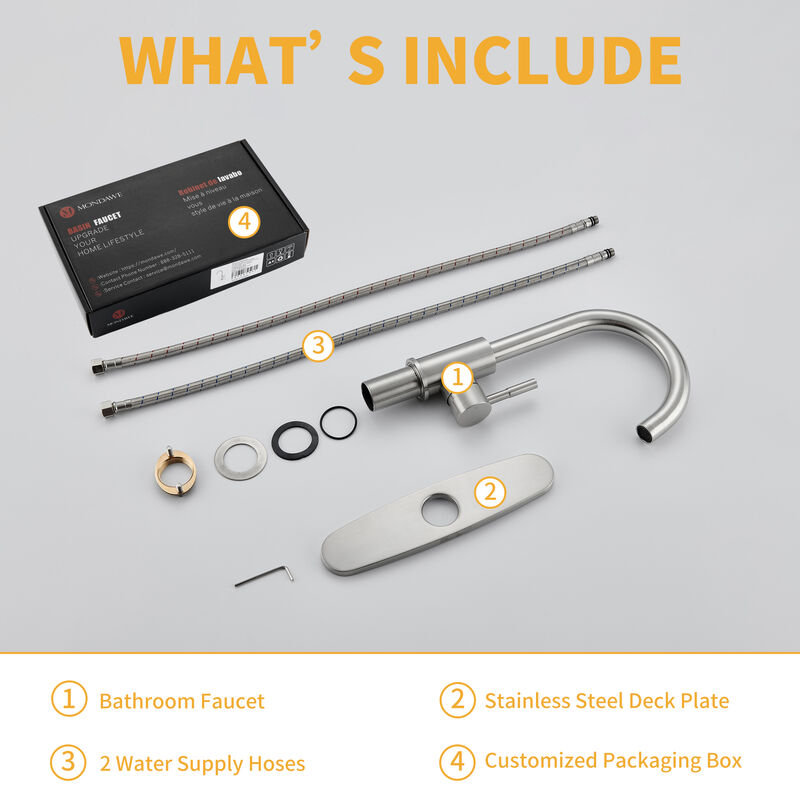 Mondawe Bathroom Sink Faucet, Single Handle 1 Hole Deck Mount Basin Hot & Cold Water with Deck Plate Lavatory Vanity Sink