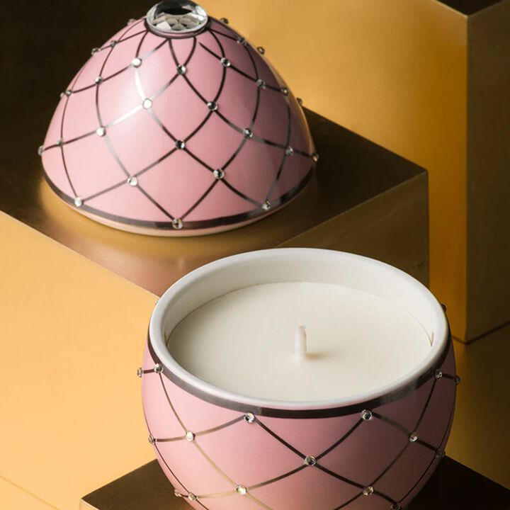 Candle in Ceramic Egg BOIS DE ROUSSIE 7 oz Rose with Silver Stripes 5.12 diam. x 6.5 in
