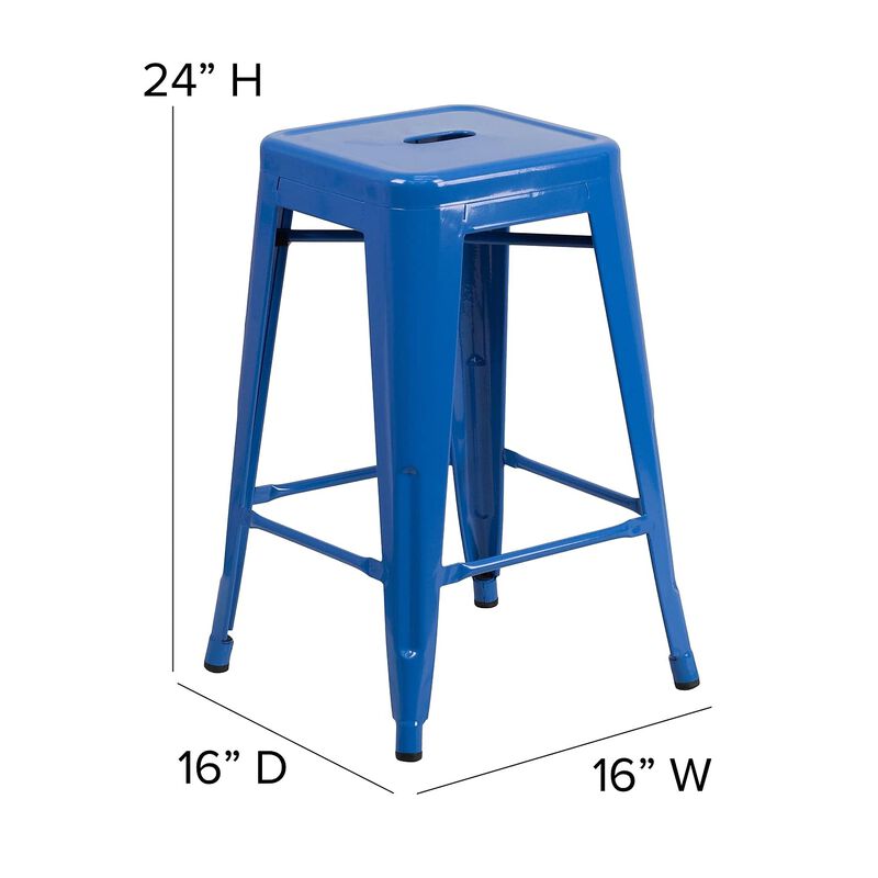 Flash Furniture Kai Commercial Grade 24" High Backless Blue Metal Indoor-Outdoor Counter Height Stool with Square Seat