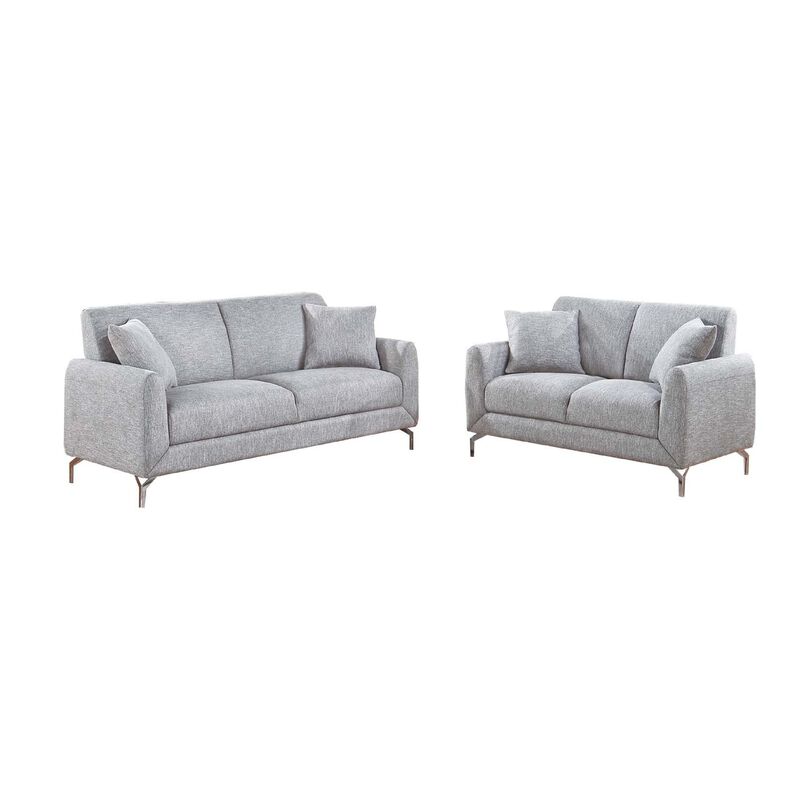Rena 2pc Sofa and Loveseat Set, 2 Pillows, Light Gray Burlap Fabric - Benzara