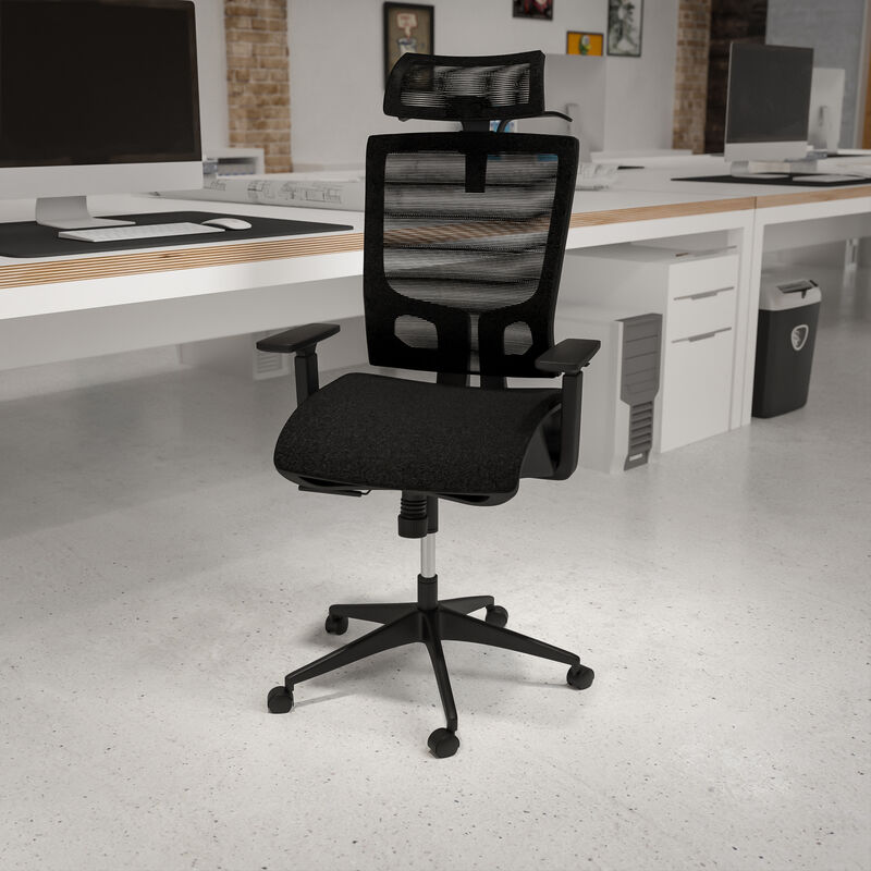 Layla Ergonomic Mesh Office Chair with Synchro-Tilt, Pivot Adjustable Headrest, Lumbar Support, Coat Hanger and Adjustable Arms in Black image number 1