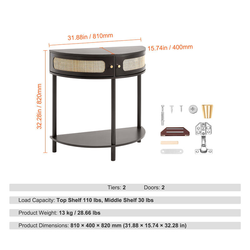 Half-Moon Rattan Console Table &ndash; Black Entryway Table with 2 Drawers & Sliding Door, Small Hallway or Living Room Storage Table