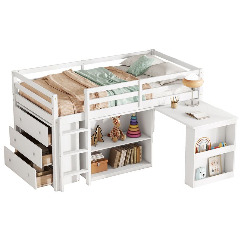 Whisen Twin Loft Bed with Drawers, Shelves and Pulling-Out Desk, Rubber Wood Loft Bed with Safety Guardrail and Ladder