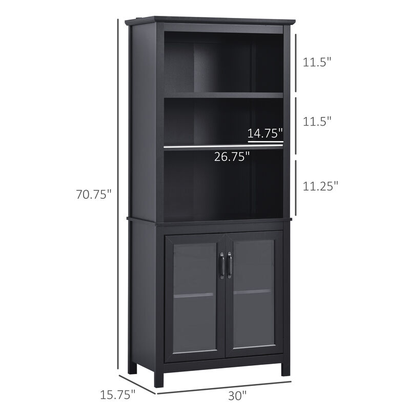 HOMCOM 71" Bookcase Storage Hutch Cabinet with Adjustable Shelves and Glass Doors for Home Office, Kitchen, Living Room, Black