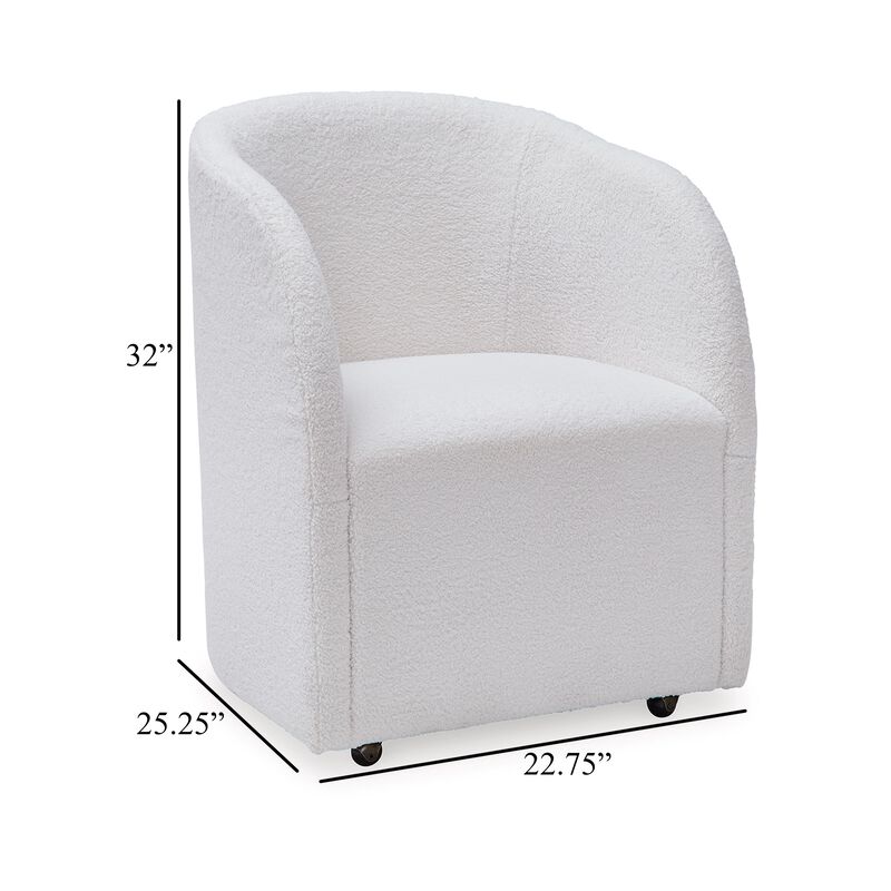 Robeck Dining Armchair Set of 2 with Wheels, Ivory Boucle Polyester - Benzara