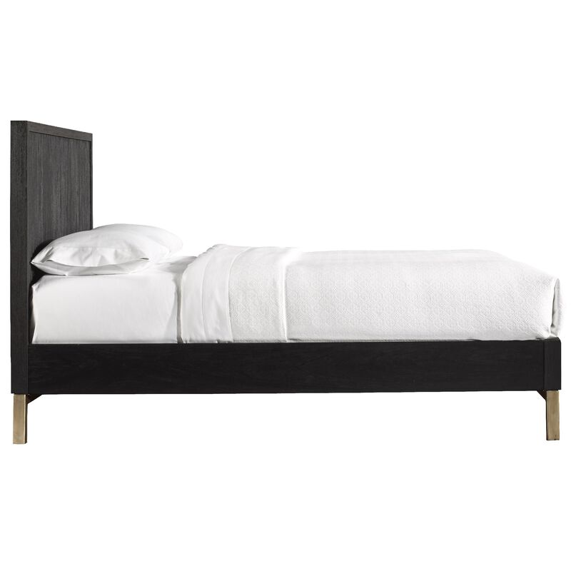 Carl Mahogany Wood Platform Queen Bed, Brass Metal Base, Oak Black, Gold - Benzara