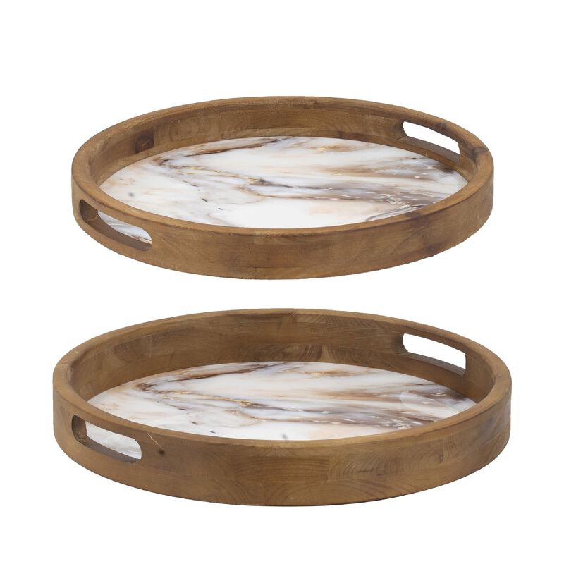 18, 15 Inch Round Decorative Tray, Marble Effect, Brown Fir Wood Frame image number 0