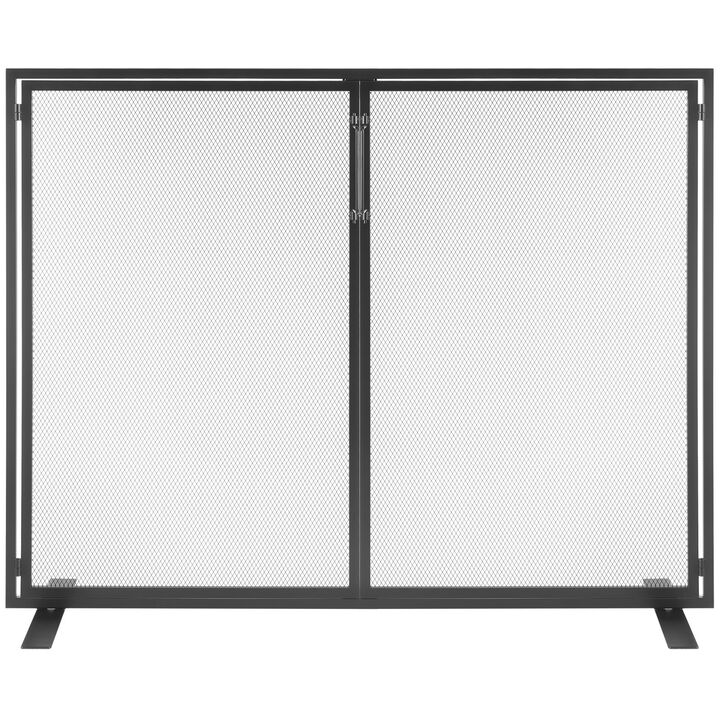 Freestanding Fireplace Spark Screen with Iron Mesh Door, Protective Fire Guard for Home-Black
