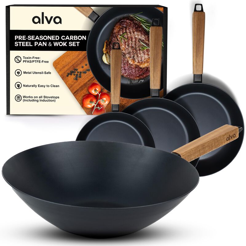 Alva Forest 4-Piece Professional Carbon Steel Cookware Set - Pre-Seasoned Non-Toxic Frying Pans, Wok - Chemical-Free, Traditional Cooking Surface - All Stovetop Compatible, Fast-Heating